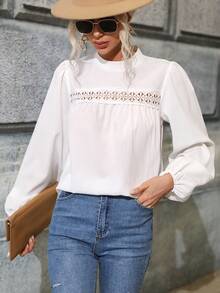 Blusa Hueca Informal Con Cuello Redondo Para Mujer - Blanco - Ver 4