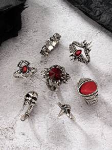 7pcs/Set Vintage Silver Vampire, Bird Skull, Spider Gothic Style Rings Set (For Women) - Red - View 2