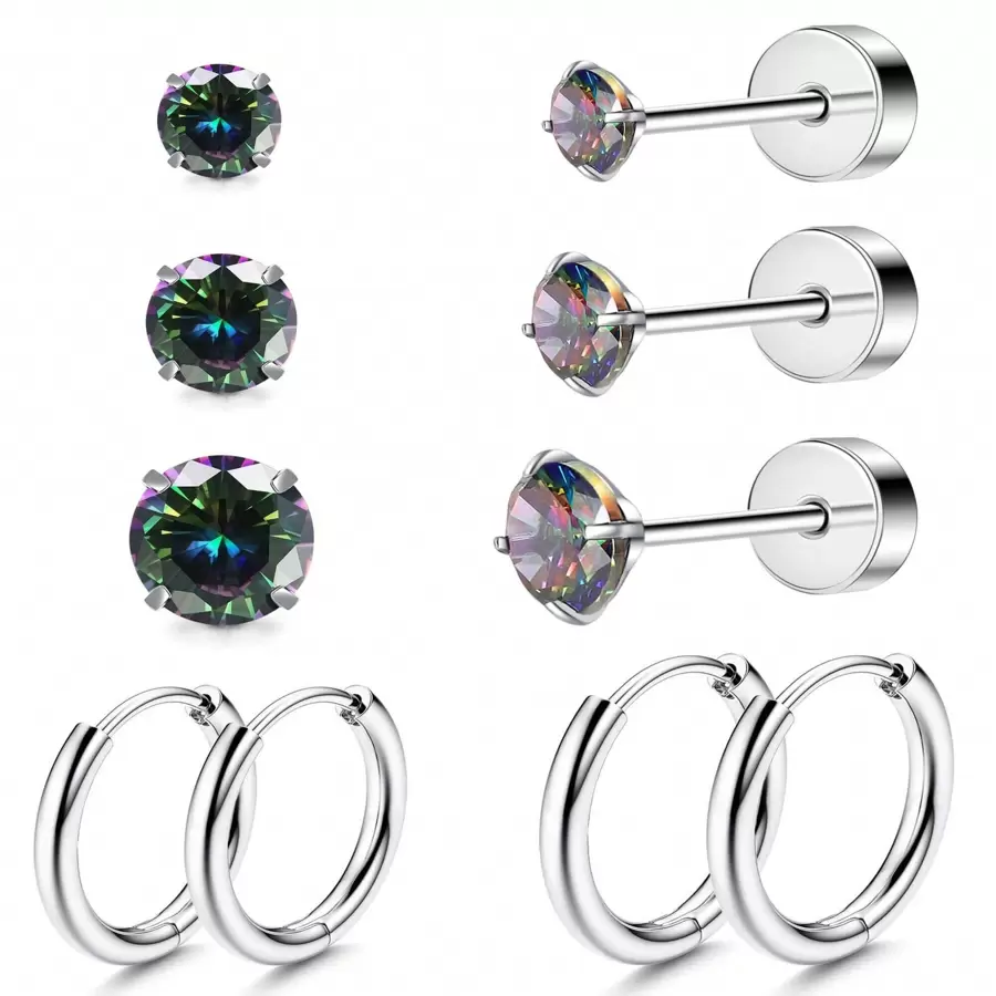Bộ 5 đôi khuyên tai thép không gỉ Zirconia cho nhiều khuyên tai, khuyên tai vòng nhỏ Huggie, khuyên tai dạng đinh, không gây dị ứng - Bạc - Xem 1