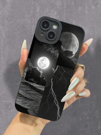 1pc Black Shock-Resistant Camera Lens TPU Phone Case With Black & White Patchwork Pattern, Compatible With Apple Phones Waterproof Anti-Fall Scratch Resistant