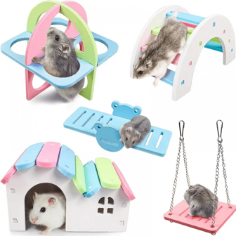 5PCS Pet Hamster Toys Wooden Rainbow Bridge Seesaw Swing Toys Small Animal Activity Climb Toy DIY Hamster Cage Accessories Random Color, Christmas Cage Hamster Hammocks Pet Toys