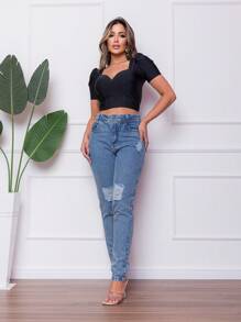 Women Jeans - 淺色水洗藍 - 查看 3