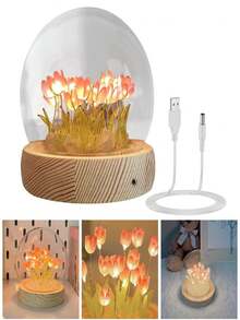 Lámpara nocturna de tulipanes DIY，Faros de cama del dormitorio de flores simuladas，Lámparas recargables de tulipanes LED hechas a mano，Adecuado para cumpleaños, vacaciones, fiestas, bodas, decoración de habitaciones (USB-Rosa) - Rosa - Ver 1