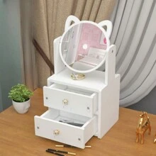 化妝品收納盒,大容量化妝海綿筒,防塵化妝刷存儲盒,雙層桌面抽屜可供家具收納使用 - 白色 - 查看 1