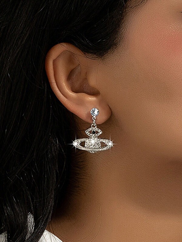 1pair Planet Design Rhinestone Decor Pendant Earrings
