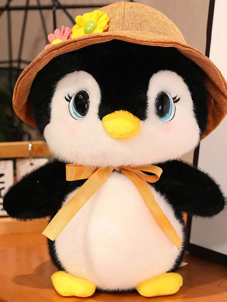 1只可愛的黃色企鵝毛絨玩具,戴著帽子,適合節日、禮品、公司年會和朋友的紀念品 - 黃色 - 查看 1
