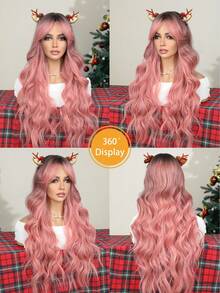 帶瀏海水波狀假髮,漸層粉色長款自然捲髮假髮,30英寸耐熱合成纖維替換假髮,適用於女性日常使用、萬聖節、聖誕派對 - 彩色 - 查看 6