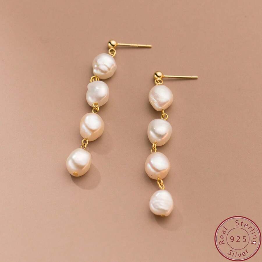 1雙時尚S925純銀珍珠流蘇耳環合適的適用於女性日常穿著 - 金色 - 查看 1