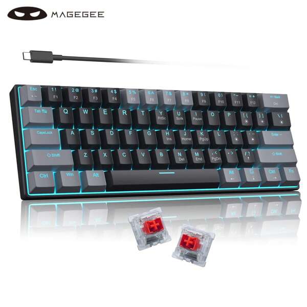 MageGee MK-Star61 Mini 60٪ لوحة مفاتيح ميكانيكية 61 مفتاحًا سلكيًا بإضاءة خلفية LED لوحة مفاتيح ألعاب مدمجة صغيرة متعددة الأجهزة لوحة مفاتيح محمولة مع ضوء لأجهزة الكمبيوتر المحمول وسطح المكتب والكمبيوتر والكمبيوتر الشخصي باللون الرمادي والأسود والأحمر