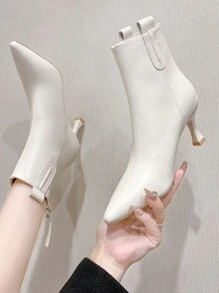 女款韓式尖頭細高跟踝靴，後拉鍊設計，冬季新品，時尚腰帶扣飾，增高套腳踝靴 - 白色 - 查看 1