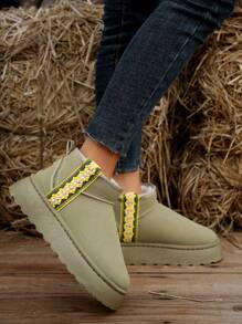 Women's Winter Thick Bottom Snow Boots, Vintage Woven, Stylish, Antifreeze, Short Boots With Thick Plush, Khaki