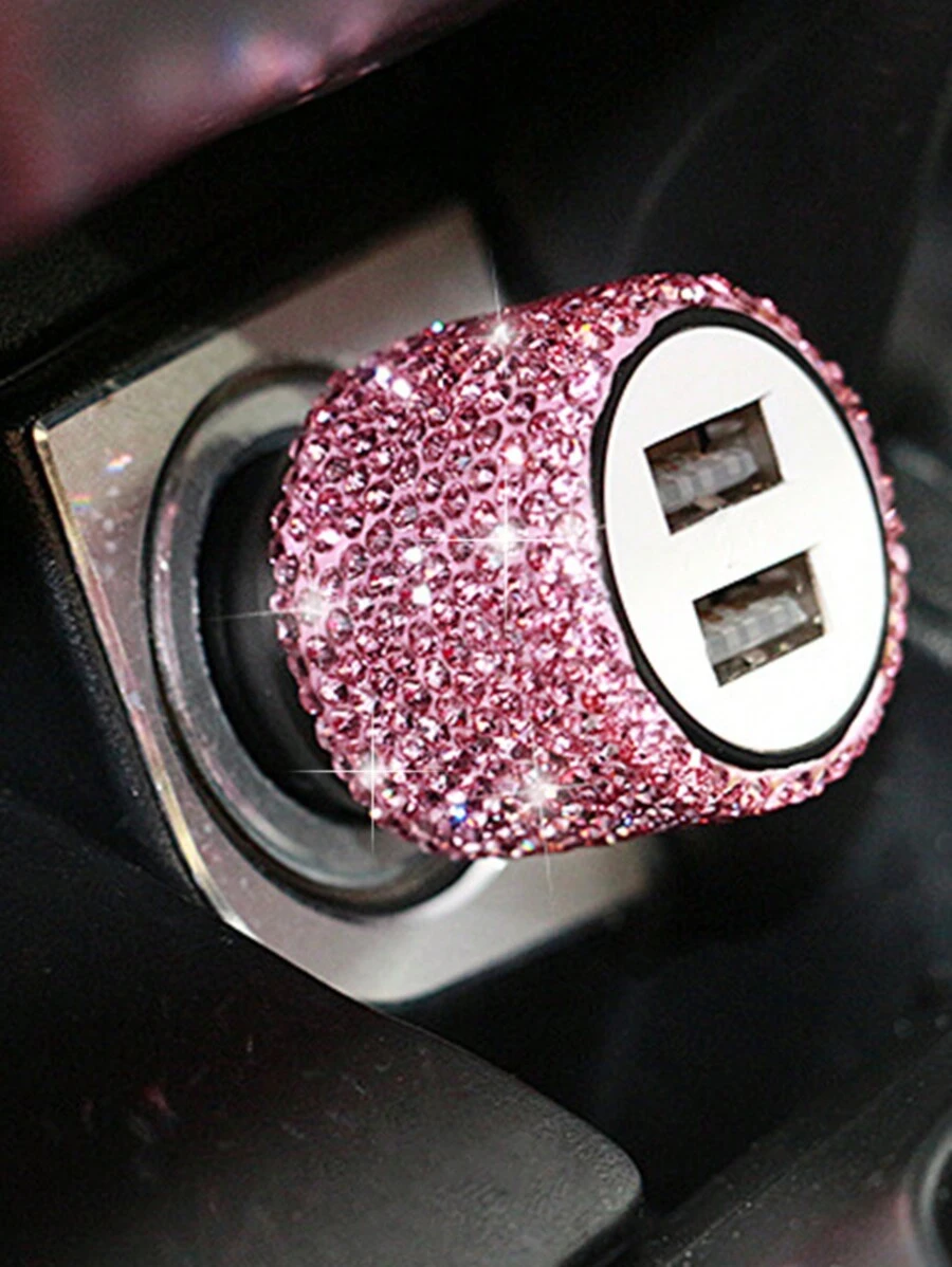 New Bling USB Car Charger Dual Port Fast Adapter Pink Car Decor Car Styling Diamond Car Accessories Interior For Woman - Pink - View 1
