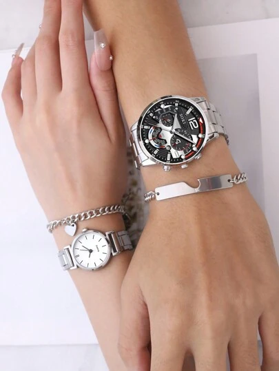 Couple Watch Set, Includes Fashionable Quartz Watch And Magnetic Couple Heart Necklace, Suitable For Daily Wear, Birthday Gift, Party, Holiday Gathering, Also An Ideal Gift For Yourself Or Friends. No Packaging Box Included.