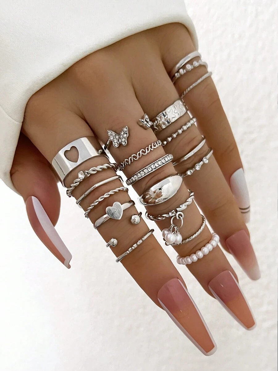 21入組潮流y2k風格戒指套裝,其中包含人造珍珠、水晶鑲嵌、蝴蝶、心形和其他元素,適合女性日常穿戴 - 銀色 - 查看 1