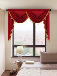 1 Rèm Màu Đỏ, Chất Liệu Sợi Polyester Có Viền Sóng Đính Hạt, Rèm Cửa Phong Cách Châu Âu Để Trang Trí Phòng Khách Và Phòng Ngủ - Màu Đỏ Sâu - Xem 7