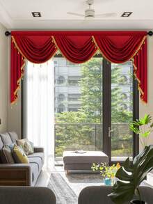 1 Rèm Màu Đỏ, Chất Liệu Sợi Polyester Có Viền Sóng Đính Hạt, Rèm Cửa Phong Cách Châu Âu Để Trang Trí Phòng Khách Và Phòng Ngủ - Màu Đỏ Sâu - Xem 8