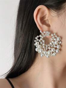 1pair Silver-Tone Asymmetrical Round Shape Pearl & Rhinestone Decor Vintage Style Earrings - Silver - View 2