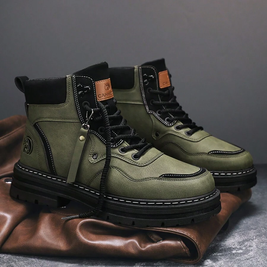 Men's High Top Yellow Work Boots, Motorcycle Boots, Steel Toe Work Shoes - Army Green - View 1