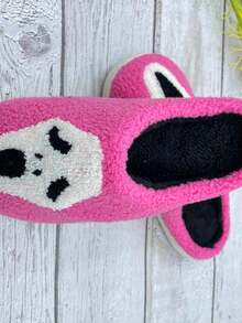 印花粉紅拖鞋,休閒襯裡毛絨拖鞋,舒適室內家居萬聖節拖鞋