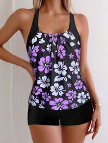 Floral Print Spaghetti Strap Backless Tankini Swimsuit Set, Casual Sexy Beach Outfit, Medium Stretch