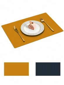4pcs Solid Color Faux Leather Placemats Double Sided Waterproof & Heat Insulation Table Mat, Suitable For Dining Table, Storage Rack, Party - Navy blue apricot - View 1