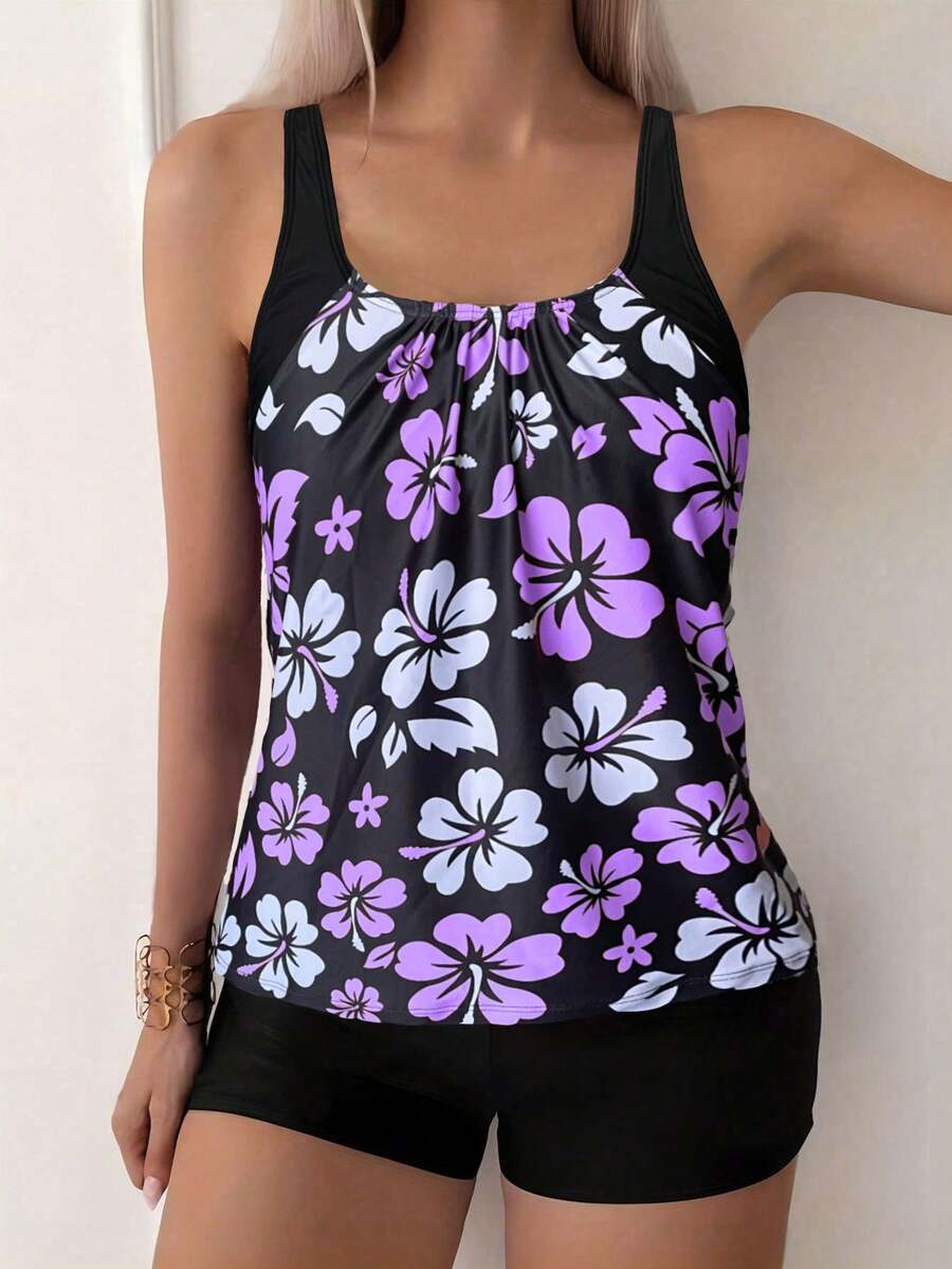 Floral Print Spaghetti Strap Backless Tankini Swimsuit Set, Casual Sexy Beach Outfit, Medium Stretch