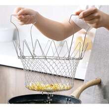 1pc Stainless Steel Foldable Fry Basket, Deep Fryer Rack, Strainer Net For French Fries, Fried Chicken, Cooking, Kitchen Tool - White - View 2