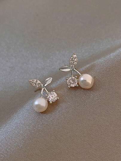 1pair Simple & Delicate Cherry & Faux Pearl Stud Earrings With Unique Design For Women's Daily Wear