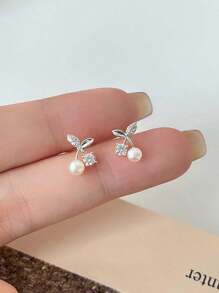 1pair Simple & Delicate Cherry & Faux Pearl Stud Earrings With Unique Design For Women's Daily Wear - Silver - View 5