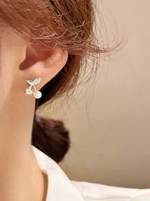 1pair Simple & Delicate Cherry & Faux Pearl Stud Earrings With Unique Design For Women's Daily Wear - Silver - View 4