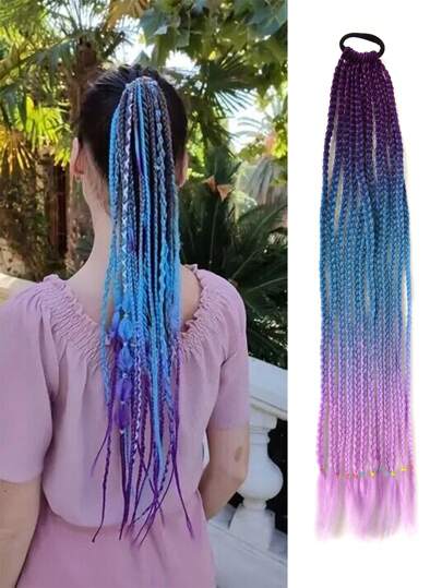 Colored Ponytail Hair Extensions Accessories for Crazy Hair Daily Accessories Colorful Wigs Colored Braids Hair Extensions with Rubber Bands Rainbow Braided Synthetic Hairpieces for Women Hair Extensions