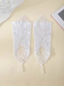 1 cặp găng tay cô dâu hở ngón/không ngón thêu hạt cườm màu trắng, tay áo dài để dự tiệc, trang phục dự tiệc mùa thu cho phụ nữ - trắng - Xem 2