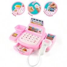 Juguete de caja registradora mini para niños, muñeca y accesorios de color aleatorio, juguete de caja registradora de tienda de conveniencia multifuncional con rompecabezas (Batería no incluida) - Rosa - Ver 6
