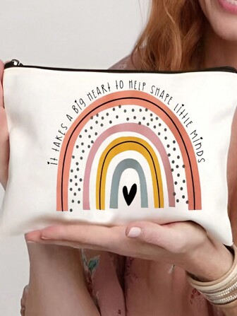 Necesita un gran corazón para dar forma a pequeñas mentes. Neceser de cosméticos con estampado de arcoíris, organizador de artículos de tocador para viajes de maestros, bolsas de maquillaje, estuche de bolígrafo y lápiz, estuche escolar de lápices, bolsa de útiles escolares, regalo del día del maestro, material escolar de vuelta al cole