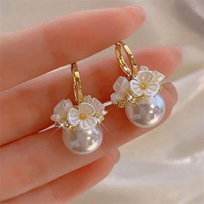 A Pair Of S925 Shell Flower Basket Faux Pearl Ear Buckle Female Mori Tie Girl Sweet Fritillary Flower Design Earrings With Rhinestone Valentines,Mom,Mother,Mother's Day,Gift
