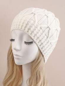 1pc Women's White Twisted Pattern Single-Layer Woolen Beanie, Warm & Fashionable Knit Cap Casual - White - View 2