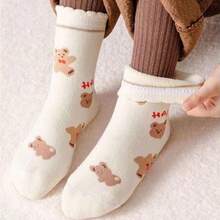 5對/包 秋冬季兒童加厚保暖毛巾袜,可愛小熊設計