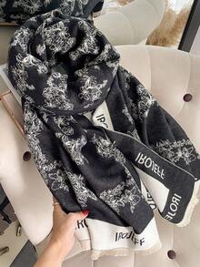 IROJEFF 1入女性雙面仿羊絨植物提花時尚披肩,適用於日常穿著、冬季 - 黑與白 - 查看 4