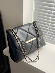 Quilted Pattern Flap Square Bag Metal Decor Chain - Black - View 1