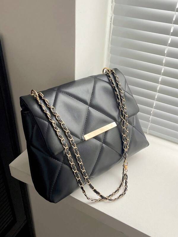 Quilted Pattern Flap Square Bag Metal Decor Chain