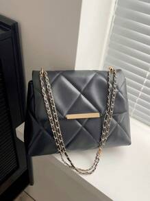 Quilted Pattern Flap Square Bag Metal Decor Chain - Black - View 4