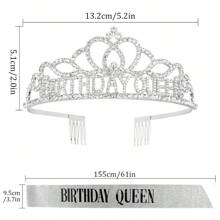 女士生日皇冠、女士生日肩帶、女士生日王冠、女士生日頭箍、公主皇冠鑲有鑽石、生日快樂配件 - 銀色 - 查看 2