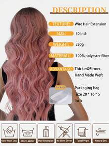 帶瀏海水波狀假髮,漸層粉色長款自然捲髮假髮,30英寸耐熱合成纖維替換假髮,適用於女性日常使用、萬聖節、聖誕派對 - 彩色 - 查看 9