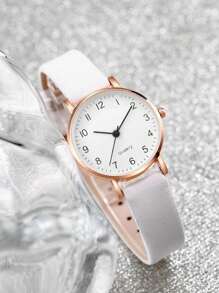 女士 PU 皮革表带时尚简约数字表盘石英腕表 + 蝴蝶珍珠手链（2 件/套）作为返校学生的礼物 - 白色 - 查看 5