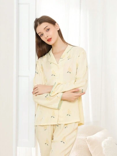 Women's V-neck Light Yellow Pajama Set