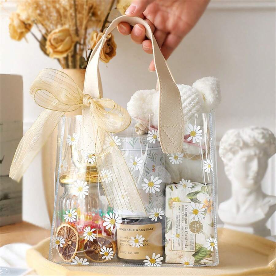 1入組小菊花透明手提袋,生日禮物袋,婚禮糖果袋,伴娘禮物袋,pvc透明袋,派對小禮物袋,派對用品,節日用品 - 米色 - 查看 1