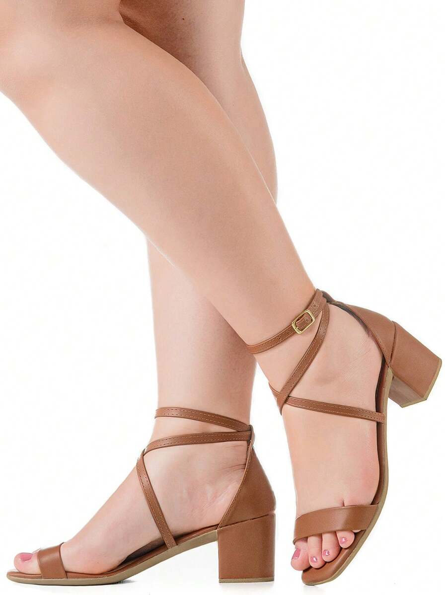 Sandália Feminina Salto Grosso Bloco Quadrado Casual Clássica Confortável Moda Blogueira Original Promoção Gigil - Caramelo - Visão 1