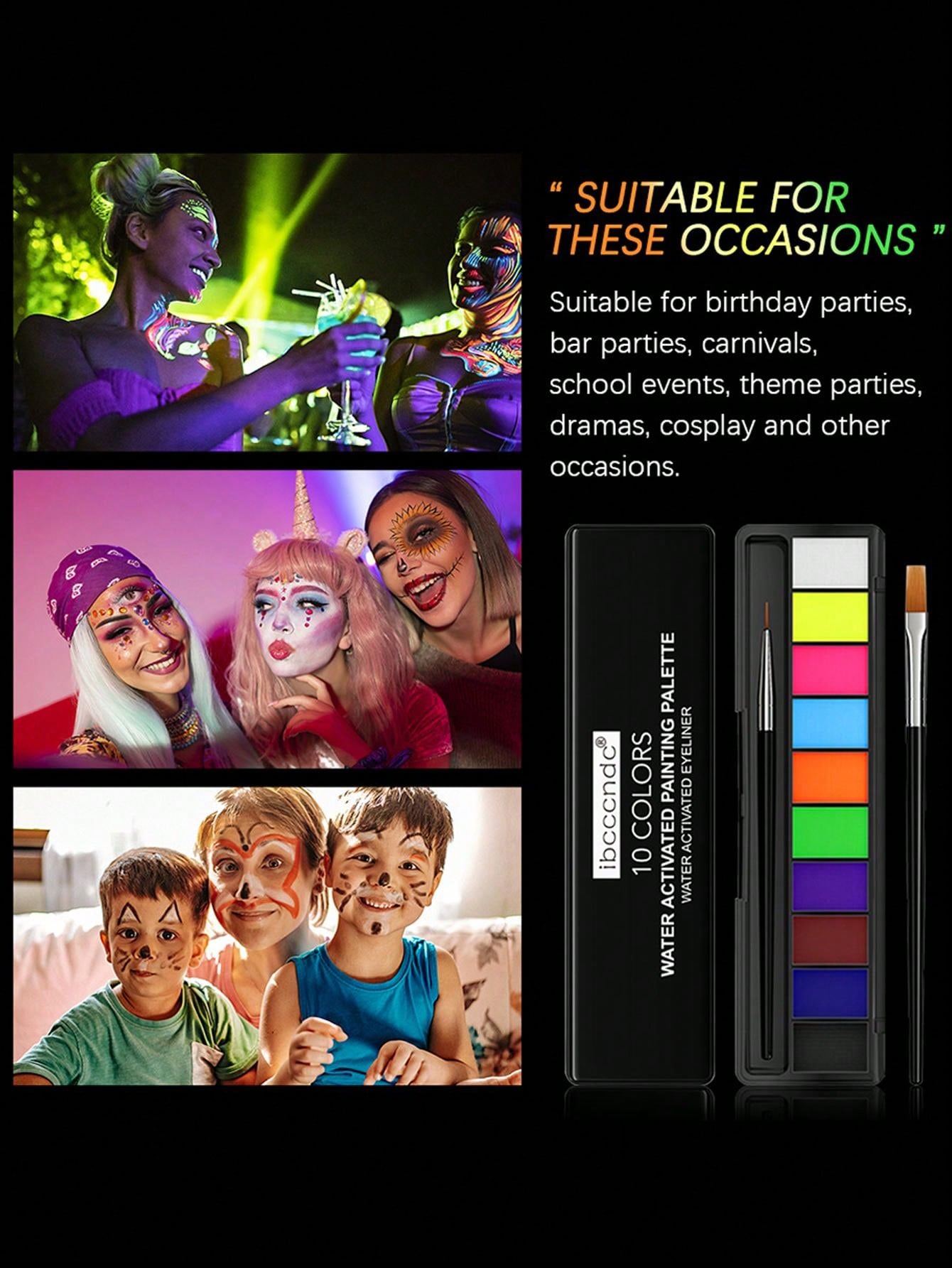 10color Waterbased Body Paint With 2 Fine Brushes, Fluorescent Glow