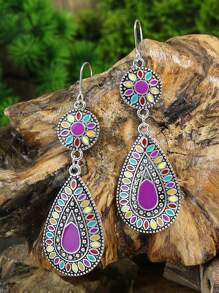 TopHanqi 12pairs Bohemian Vacation Style Geometric Round Enamel Earrings, Vintage Accessories - Multicolor - View 5