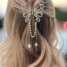 Pinza para el cabello de mariposa con cristales y perlas imitación de moda otoño invierno, elegante y sofisticada (Garra de pelo) - Dorado - Ver 1